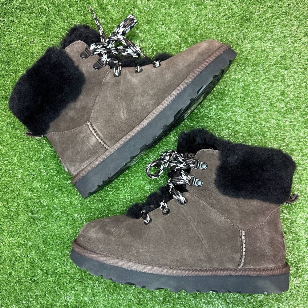 UGG Women's Classic Mini Alpine Lace Boots Brown Suede Women’s Size 7 New - Picture 2 of 7